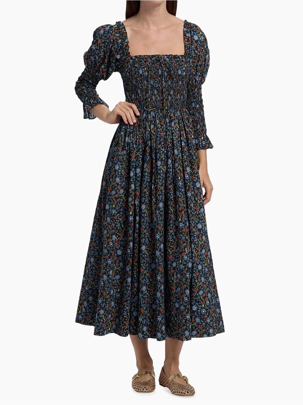 Doen Bijou Smocked Floral Cotton Dress in Noir Prairie De Montagne Size XS -NWT
